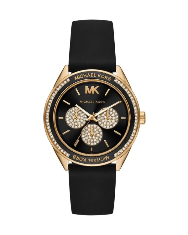 Montre femme Michael Kors Jessa 40 mm réf. MK6944, cadran noir, bracelet caoutchouc, mouvement quartz – vue de face | Horlova Maroc