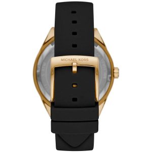 Montre femme Michael Kors Jessa 40 mm réf. MK6944, cadran noir, bracelet caoutchouc – vue de trois-quarts