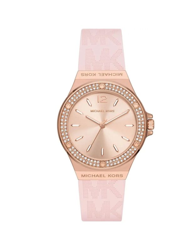 Montre femme Michael Kors Lennox 37 mm réf. MK7282, cadran rose, bracelet silicone, mouvement quartz – vue de face | Horlova Maroc