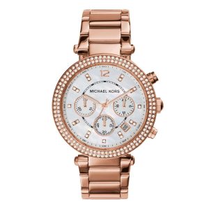 Montre femme Michael Kors Parker 39 mm réf. MK5491, cadran blanc, bracelet acier, mouvement quartz – vue de face | Horlova Maroc