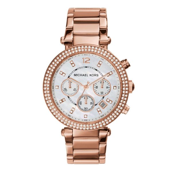 Montre femme Michael Kors Parker 39 mm réf. MK5491, cadran blanc, bracelet acier, mouvement quartz – vue de face | Horlova Maroc