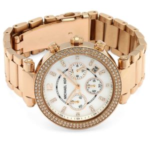 Montre femme Michael Kors Parker 39 mm réf. MK5491, cadran blanc, bracelet acier – vue de trois-quarts