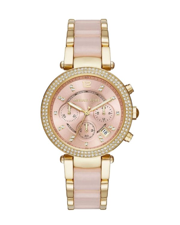 Montre femme Michael Kors Parker 39 mm réf. MK6326, cadran rose, bracelet acier, mouvement quartz – vue de face | Horlova Maroc