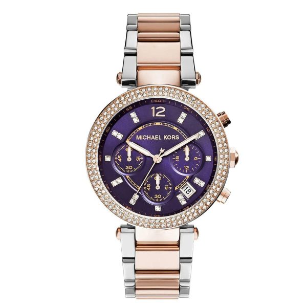 Montre femme Michael Kors Parker Violette 39 mm réf. MK6108, cadran violet, bracelet acier – vue de face | Horlova Maroc