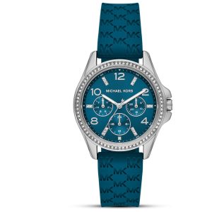 Montre femme Michael Kors Pilot 36 mm réf. MKO1004, cadran bleu, bracelet silicone, mouvement quartz – vue de face | Horlova Maroc