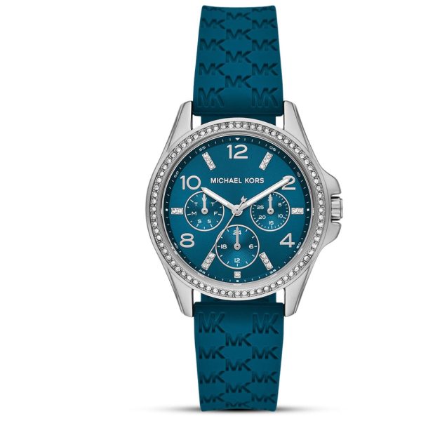 Montre femme Michael Kors Pilot 36 mm réf. MKO1004, cadran bleu, bracelet silicone, mouvement quartz – vue de face | Horlova Maroc