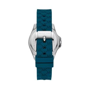 Montre femme Michael Kors Pilot 36 mm réf. MKO1004, cadran bleu, bracelet silicone – vue de trois-quarts