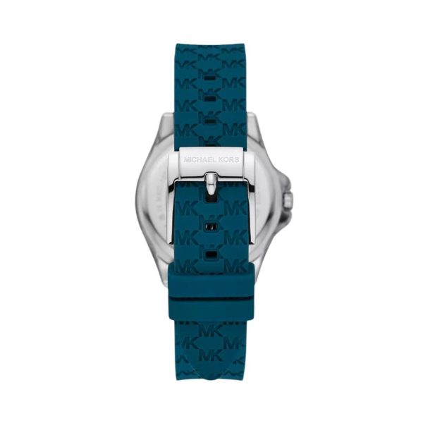 Montre femme Michael Kors Pilot 36 mm réf. MKO1004, cadran bleu, bracelet silicone – vue de trois-quarts