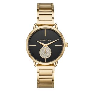 Montre femme Michael Kors Portia 36.5 mm réf. MK3788, cadran noir, bracelet acier, mouvement quartz – vue de face | Horlova Maroc