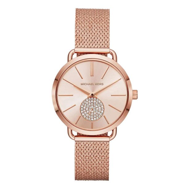 Montre femme Michael Kors Portia 36.5 mm réf. MK3845, cadran rose, bracelet acier, mouvement quartz – vue de face | Horlova Maroc