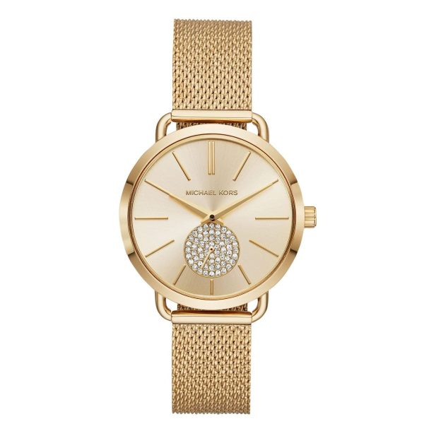 Montre femme Michael Kors Portia 37 mm réf. MK3844, cadran doré, bracelet acier, mouvement quartz – vue de face | Horlova Maroc