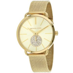 Montre femme Michael Kors Portia 37 mm réf. MK3844, cadran doré, bracelet acier – vue de trois-quarts