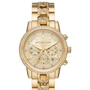 Montre femme Michael Kors Ritz Glamour Pavé 41 mm réf. MK6937, cadran doré, mouvement quartz – vue de face | Horlova Maroc