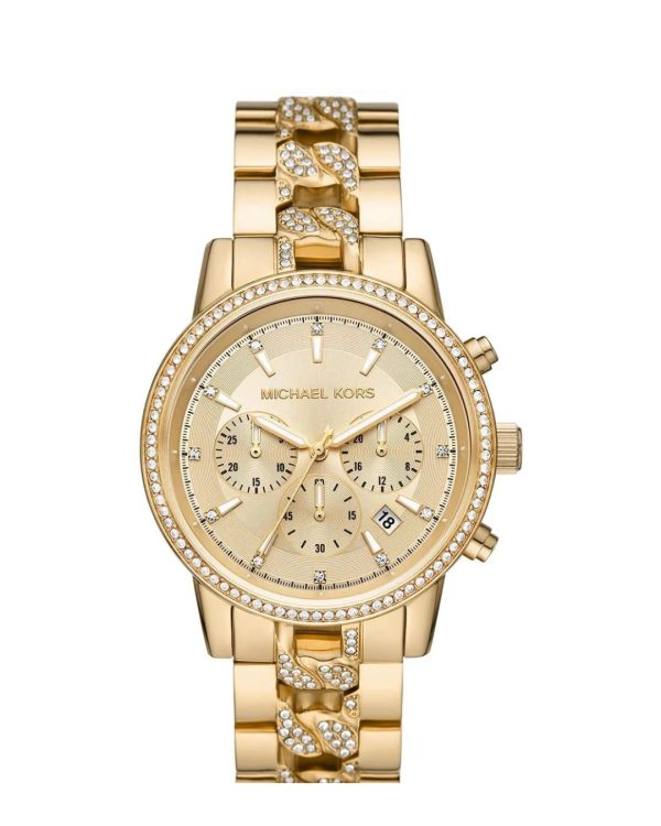 Montre femme Michael Kors Ritz Glamour Pavé 41 mm réf. MK6937, cadran doré, mouvement quartz – vue de face | Horlova Maroc