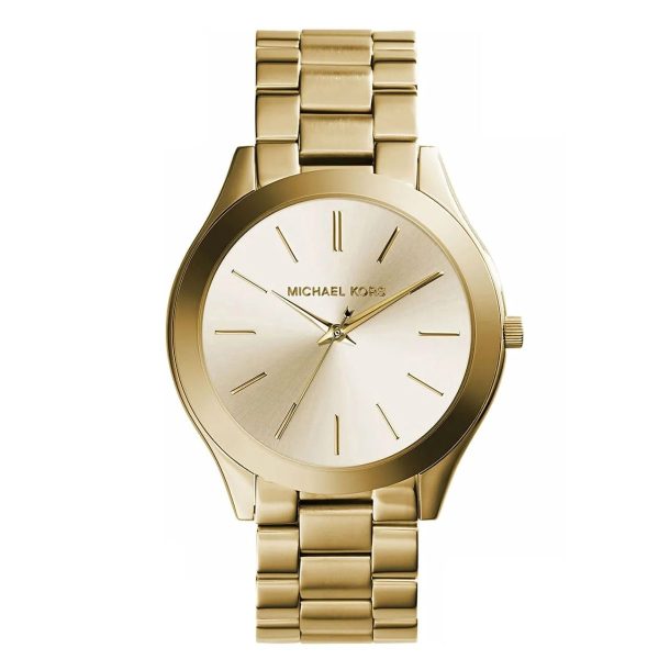 Montre femme Michael Kors Runway 42 mm réf. MK3179, cadran doré, bracelet acier, mouvement quartz – vue de face | Horlova Maroc