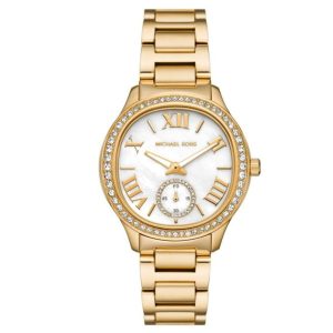 Montre femme Michael Kors Sage 38 mm réf. MK4805, cadran blanc, bracelet acier, mouvement quartz – vue de face | Horlova Maroc