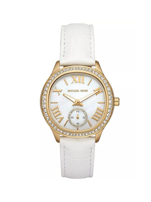 Montre femme Michael Kors Sage 38 mm réf. MK4818, cadran nacré, bracelet cuir, mouvement quartz – vue de face | Horlova Maroc