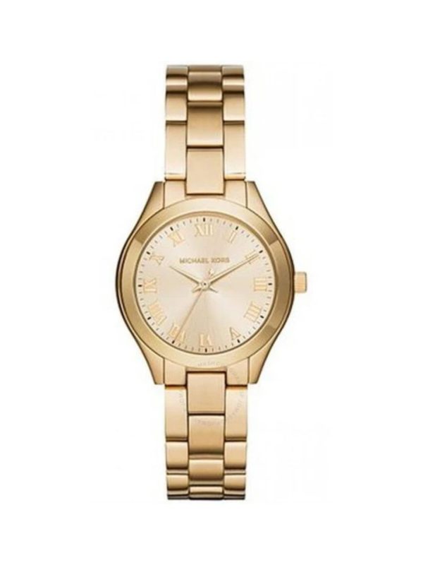 Montre femme Michael Kors Slim Runway 33 mm réf. MK3456, cadran doré, bracelet acier, mouvement quartz – vue de face | Horlova Maroc