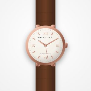 Montre femme Sahara Classique Horlova – vue de face, chiffres romains, boîtier ton or rose, bracelet cuir cognac