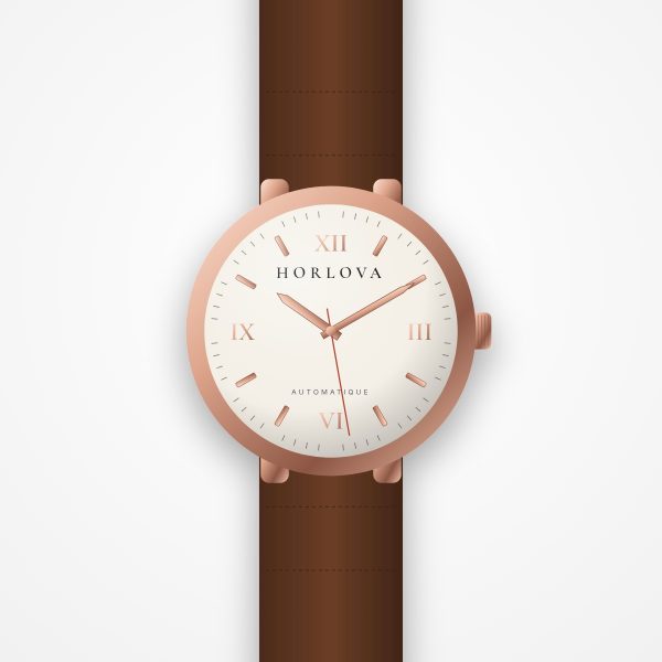 Montre femme Sahara Classique Horlova – vue de face, chiffres romains, boîtier ton or rose, bracelet cuir cognac