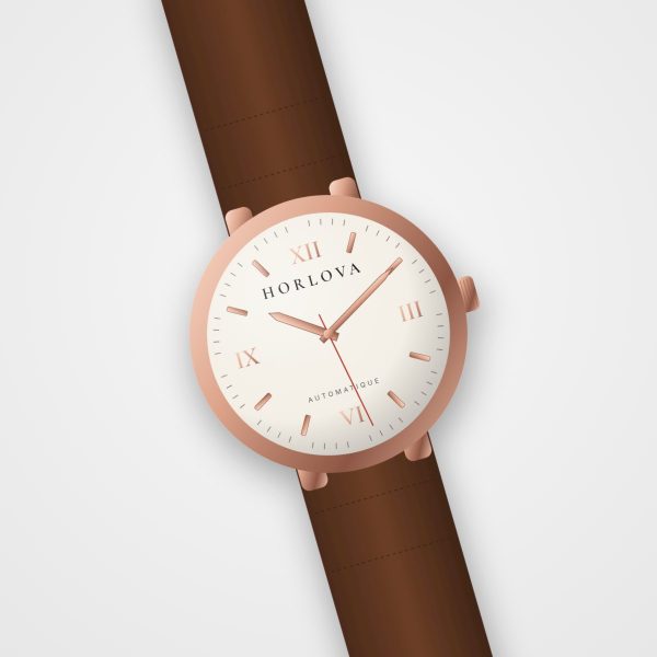 Montre femme Sahara Classique Horlova – vue de trois-quarts, chiffres romains, boîtier ton or rose, bracelet cuir cognac