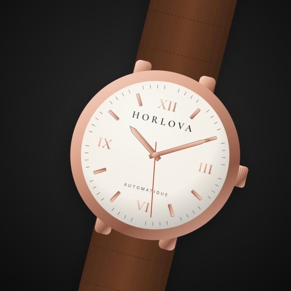 Montre femme Sahara Classique Horlova – sur fond noir, chiffres romains, boîtier ton or rose, bracelet cuir cognac