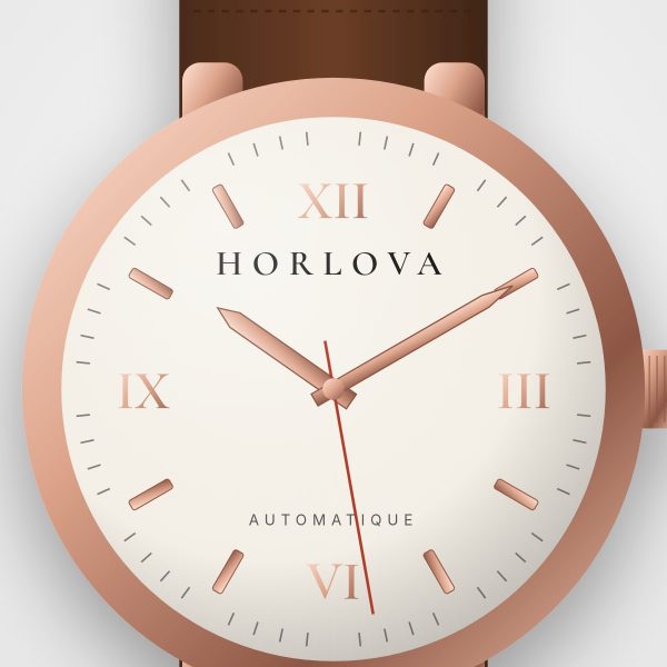 Montre femme Sahara Classique Horlova – gros plan sur le cadran, chiffres romains, boîtier ton or rose, bracelet cuir cognac