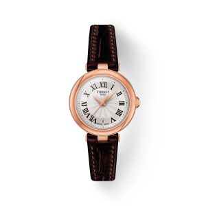 Montre femme Tissot Bellissima 26 mm réf. T126.010.36.013.00, cadran blanc, bracelet cuir, mouvement quartz – vue de face | Horlova Maroc