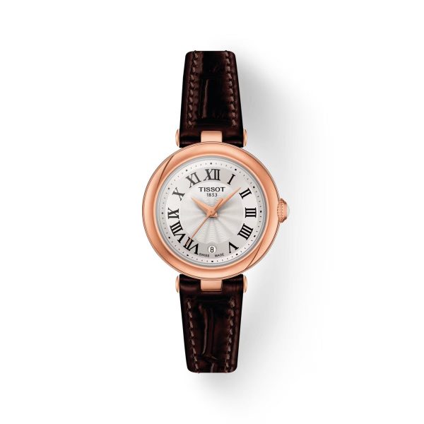 Montre femme Tissot Bellissima 26 mm réf. T126.010.36.013.00, cadran blanc, bracelet cuir, mouvement quartz – vue de face | Horlova Maroc