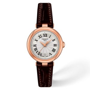 Montre femme Tissot Bellissima 26 mm réf. T126.010.36.013.00, cadran blanc, bracelet cuir – vue de trois-quarts