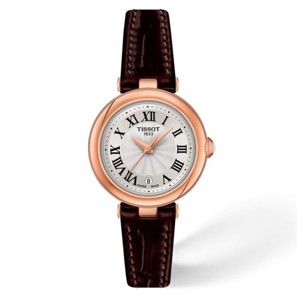Montre femme Tissot Bellissima 26 mm réf. T126.010.36.013.00, cadran blanc, bracelet cuir – vue de trois-quarts
