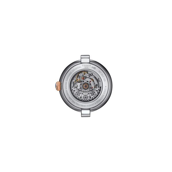 Montre femme Tissot Bellissima 29 mm réf. T1262072201300, cadran blanc, bracelet acier – vue du fond de boîte