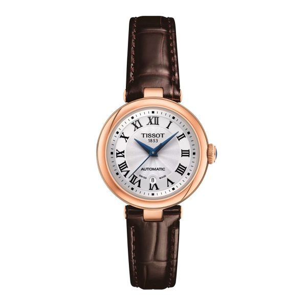 Montre femme Tissot Bellissima 29 mm réf. T1262073601300, cadran blanc, bracelet cuir, mouvement automatique – vue de face | Horlova Maroc