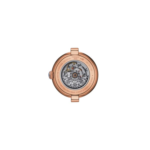 Montre femme Tissot Bellissima 29 mm réf. T1262073601300, cadran blanc, bracelet cuir – vue du fond de boîte