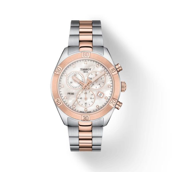 Montre femme Tissot PR 100 Sport réf. T1019172211600, chronographe quartz, boîtier 38 mm, acier inoxydable – vue principale, Horlova Maroc