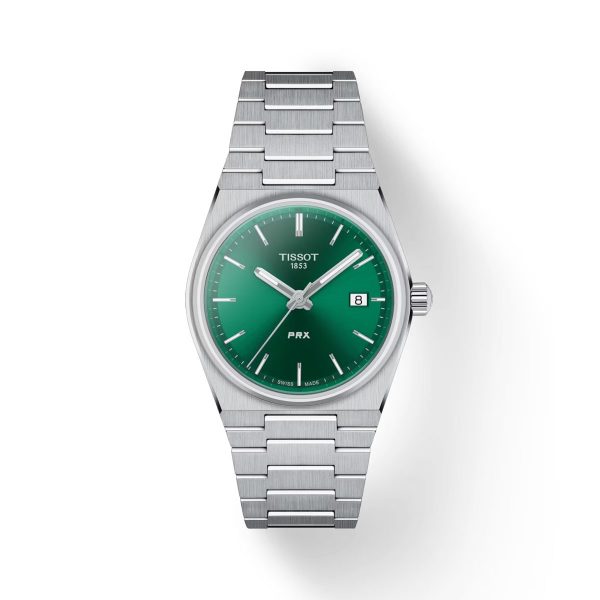 Montre femme Tissot PRX 35 mm réf. T137.210.11.081.00, cadran vert, bracelet acier, mouvement quartz – vue de face | Horlova Maroc