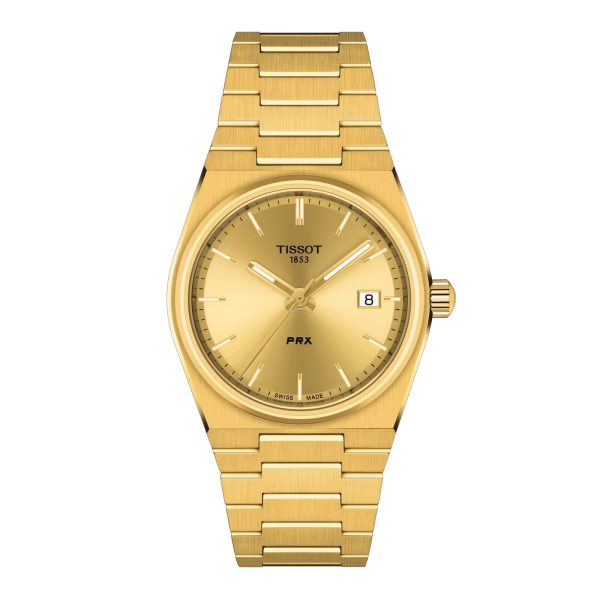 Montre femme Tissot PRX 35 mm réf. T137.210.33.021.00, cadran champagne, bracelet acier, mouvement quartz – vue de face | Horlova Maroc
