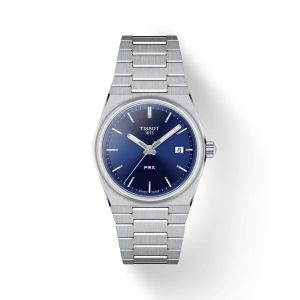 Montre femme Tissot PRX 35 mm réf. T1372101104100, cadran bleu, mouvement quartz – vue de face | Horlova Maroc