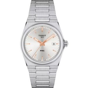 Montre femme Tissot PRX Quartz Cadran Blanc 35 mm réf. T137.210.11.031.00, cadran blanc, bracelet acier – vue de trois-quarts