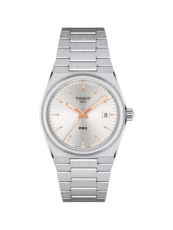 Montre femme Tissot PRX Quartz Cadran Blanc 35 mm réf. T137.210.11.031.00, cadran blanc, bracelet acier – vue de trois-quarts