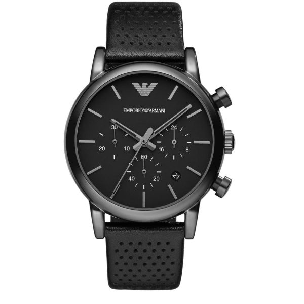 Montre homme Emporio Armani 41 mm réf. AR1737, cadran noir, bracelet cuir, mouvement quartz – vue de face | Horlova Maroc