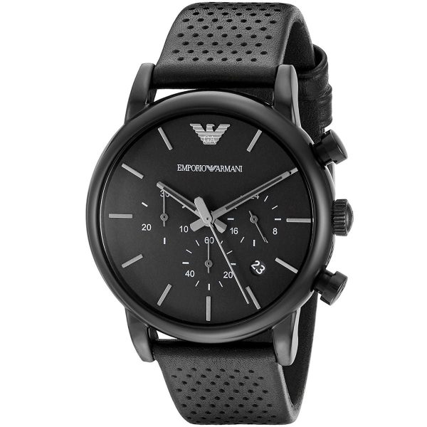 Montre homme Emporio Armani 41 mm réf. AR1737, cadran noir, bracelet cuir, mouvement quartz – autre angle