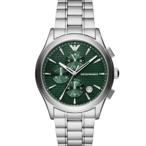 Montre homme Emporio Armani 42 mm réf. AR11529, cadran vert, bracelet acier, mouvement quartz – vue de face | Horlova Maroc