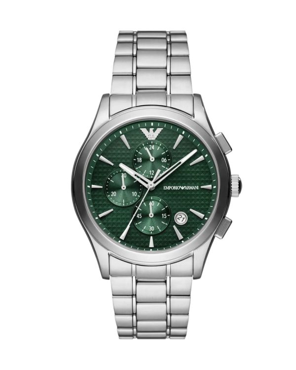 Montre homme Emporio Armani 42 mm réf. AR11529, cadran vert, bracelet acier, mouvement quartz – vue de face | Horlova Maroc