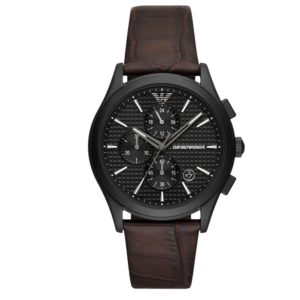Montre homme Emporio Armani 42 mm réf. AR11549, cadran noir, bracelet cuir, mouvement quartz chronographe – vue de face | Horlova Maroc