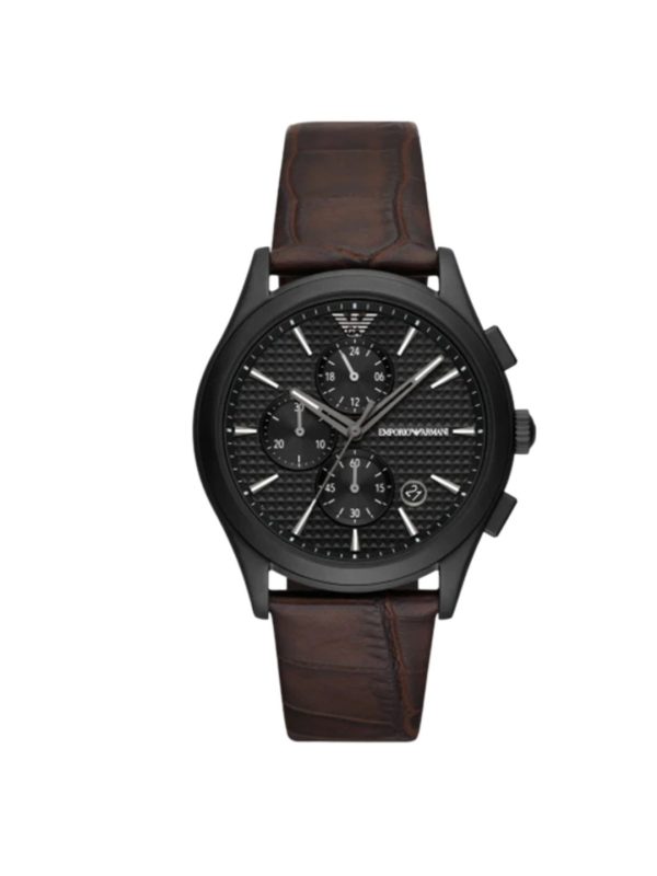 Montre homme Emporio Armani 42 mm réf. AR11549, cadran noir, bracelet cuir, mouvement quartz chronographe – vue de face | Horlova Maroc