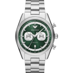 Montre homme Emporio Armani 42 mm réf. AR11637, cadran vert, bracelet acier, mouvement quartz – vue de face | Horlova Maroc