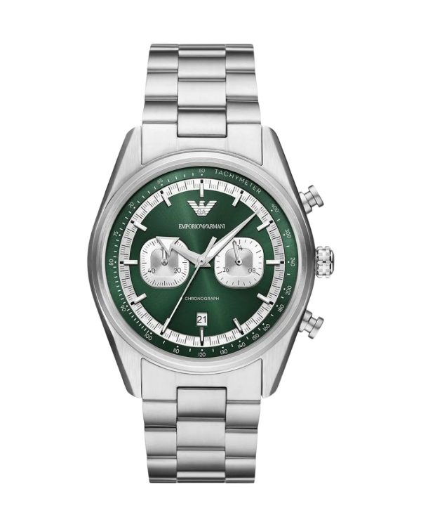 Montre homme Emporio Armani 42 mm réf. AR11637, cadran vert, bracelet acier, mouvement quartz – vue de face | Horlova Maroc