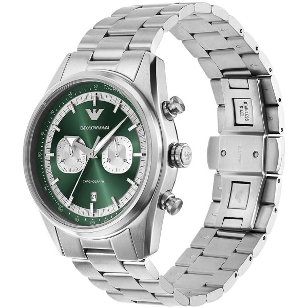 Montre homme Emporio Armani 42 mm réf. AR11637, cadran vert, bracelet acier – vue de trois-quarts