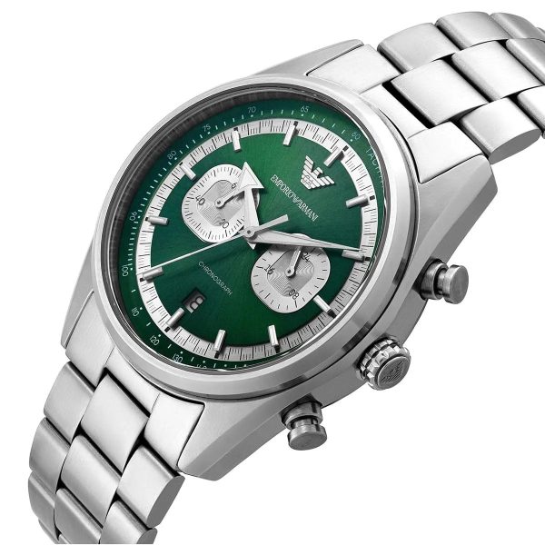 Montre homme Emporio Armani 42 mm réf. AR11637, cadran vert, bracelet acier, mouvement quartz – autre angle